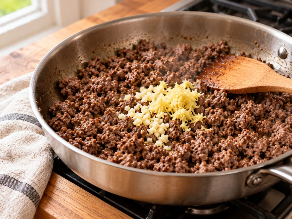 Browned ground beef crumbles in a skillet with garlic and ginger.