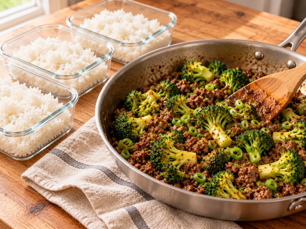 Ground beef and broccoli coated in a glossy brown sauce in the skillet, ready to serve over rice.