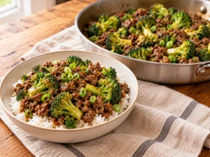 Ground beef and broccoli in a glossy soy-ginger sauce over white rice in a bowl, topped with green onions.