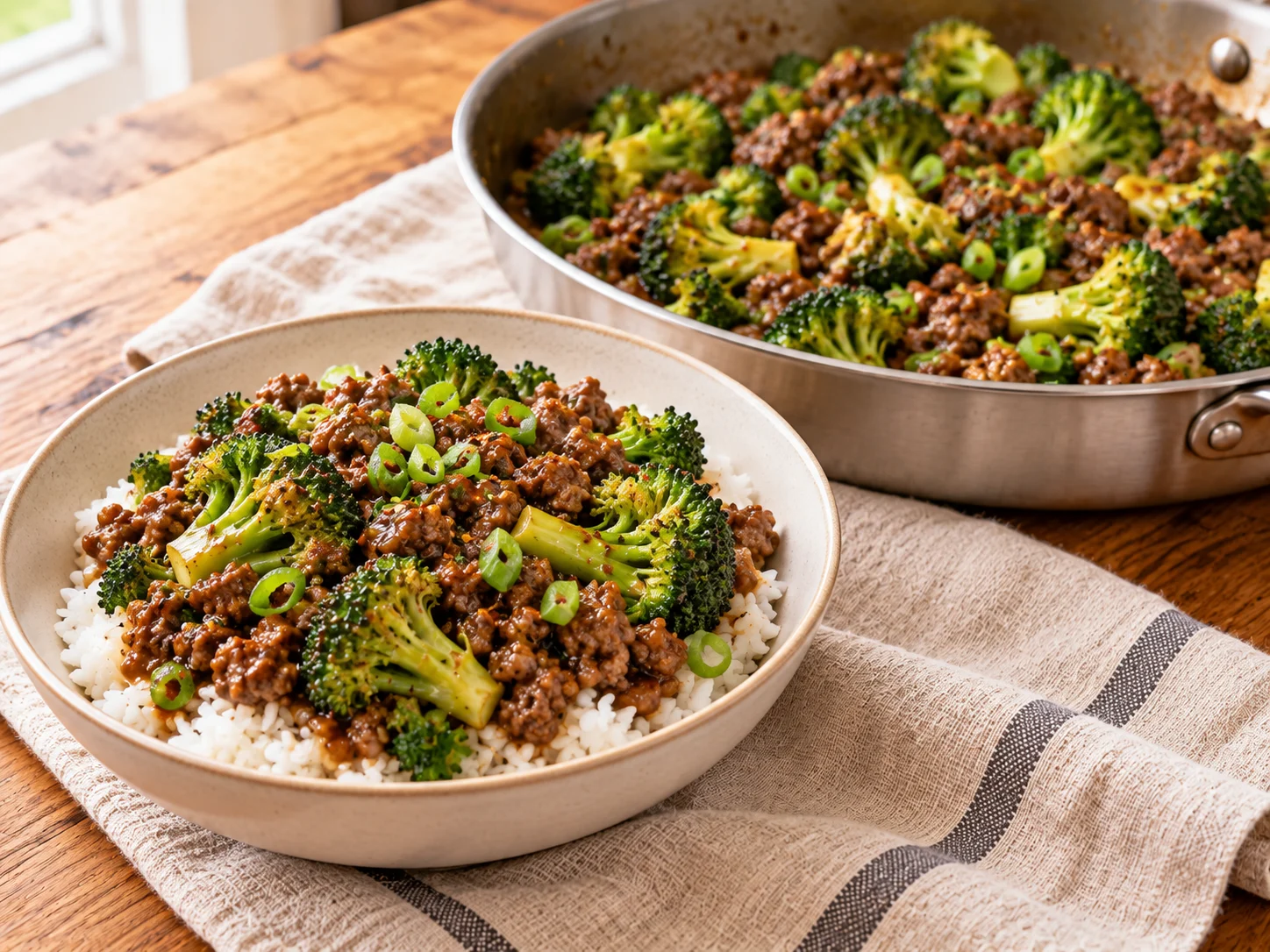 Ground beef and broccoli in a glossy soy-ginger sauce over white rice in a bowl, topped with green onions.