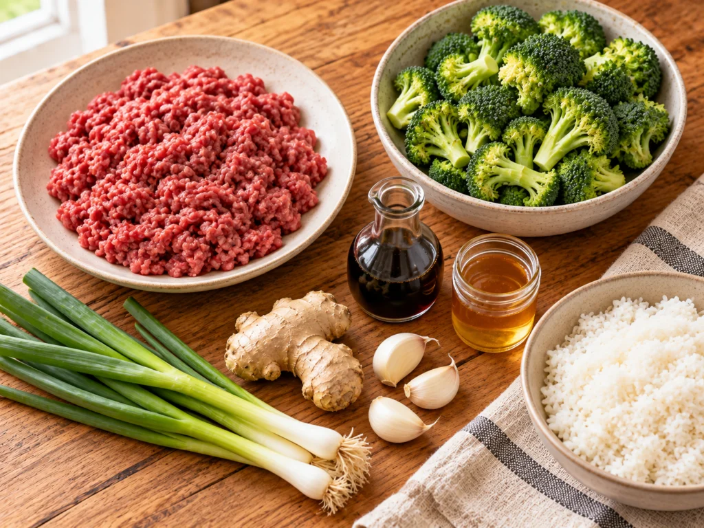 Raw lean ground beef, broccoli florets, soy sauce, honey, fresh ginger, garlic, green onions and a bowl of cooked rice on a light wooden counter.