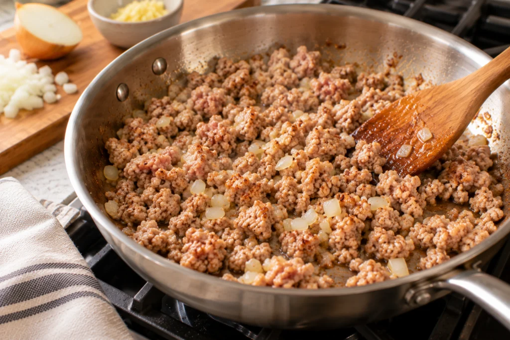 Ground turkey browning with diced onion in a 12-inch skillet.