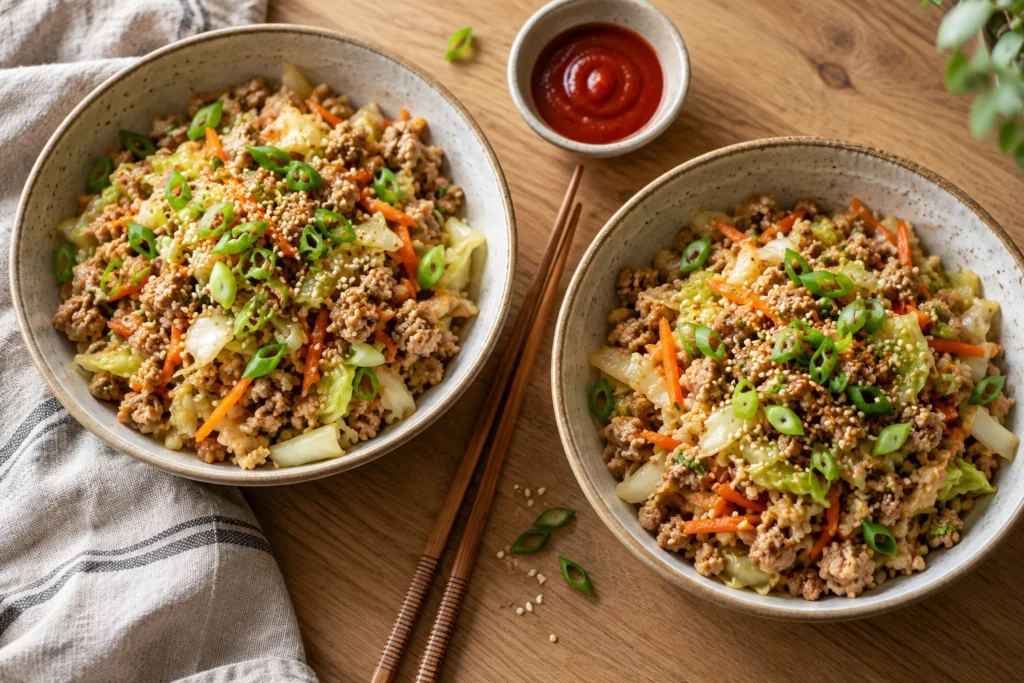 Ground turkey egg roll in a bowl topped with green onions, sesame seeds and a drizzle of sriracha mayo.