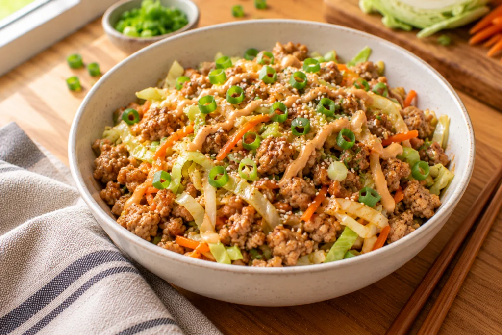 Ground turkey egg roll in a bowl with cabbage, carrots, green onions and sesame seeds in a white bowl with chopsticks.
