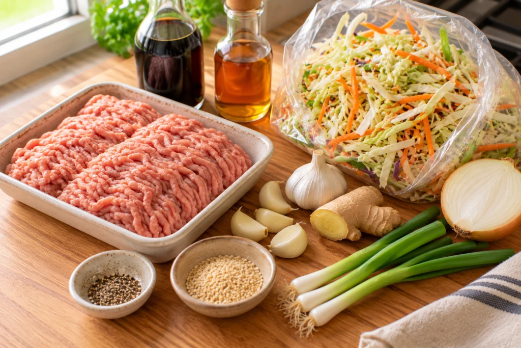 Ground turkey, a bag of coleslaw mix, soy sauce, sesame oil, garlic, ginger and green onions on a counter.