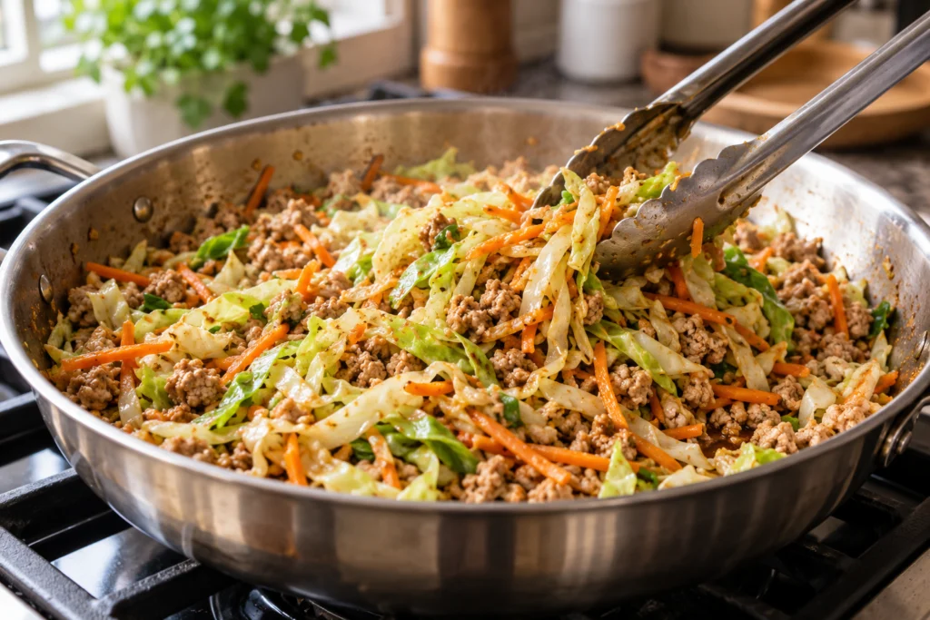 Shredded cabbage and carrots wilting into browned ground turkey in a skillet with tongs.