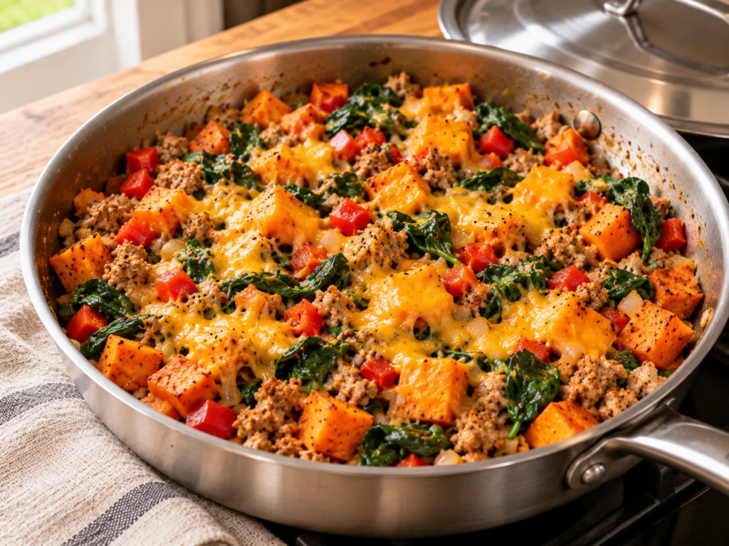 Ground turkey sweet potato skillet with wilted spinach and melted cheddar.