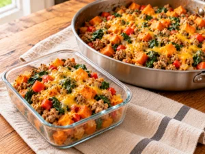 Ground turkey sweet potato skillet with browned turkey, sweet potato cubes, red pepper, wilted spinach and melted cheddar.