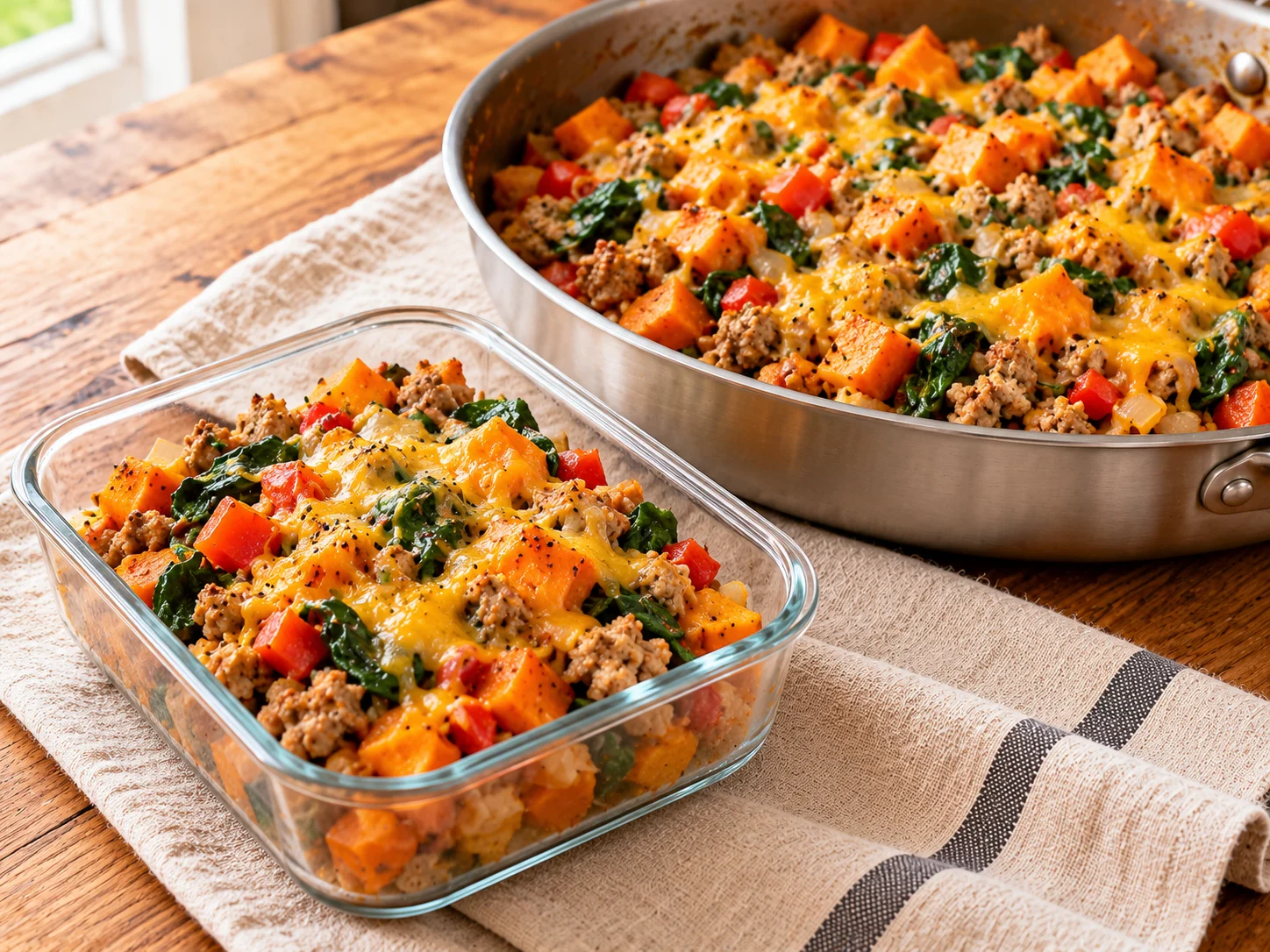 Ground turkey sweet potato skillet with browned turkey, sweet potato cubes, red pepper, wilted spinach and melted cheddar.