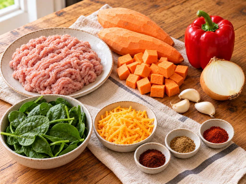 Raw ground turkey, peeled sweet potatoes, a red bell pepper, an onion, baby spinach, shredded cheddar and small bowls of spices on a light wooden counter.