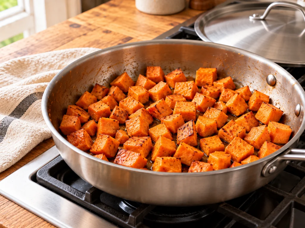 Diced sweet potato cubes in a skillet, lightly browned and tender.