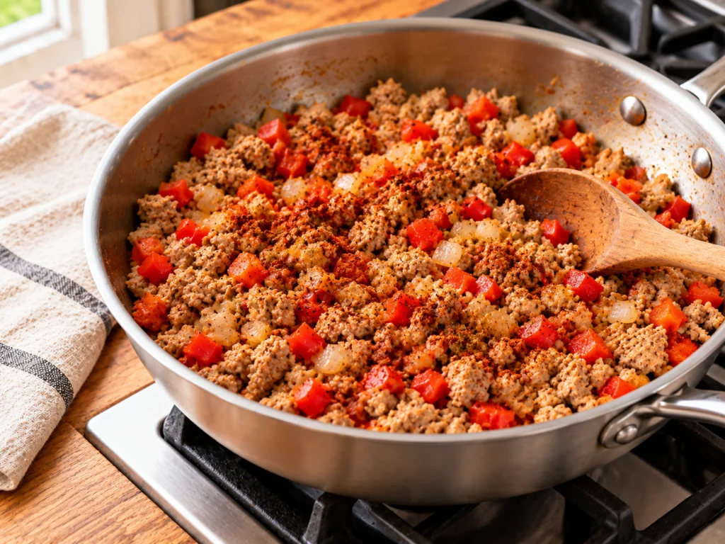 Browned ground turkey with diced red pepper and onion in a skillet, dusted with spices.