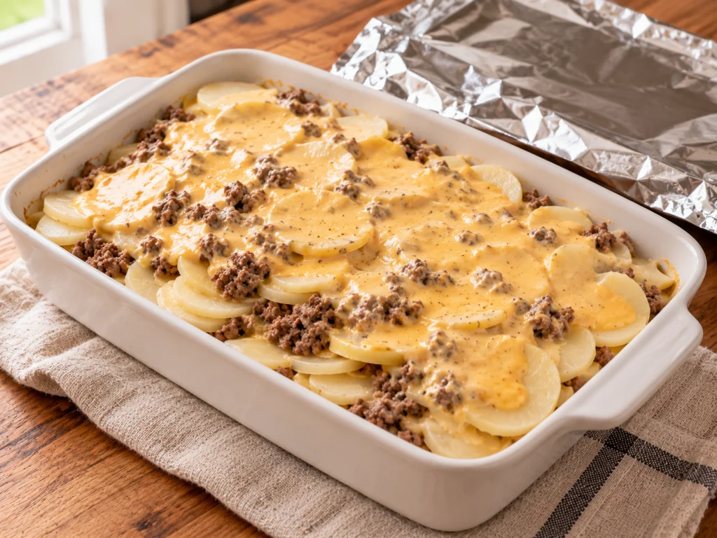 Assembled hamburger potato casserole covered with sauce in a 9×13 dish, ready for foil.