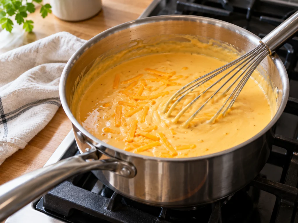 Creamy cheddar sauce being whisked in a saucepan.