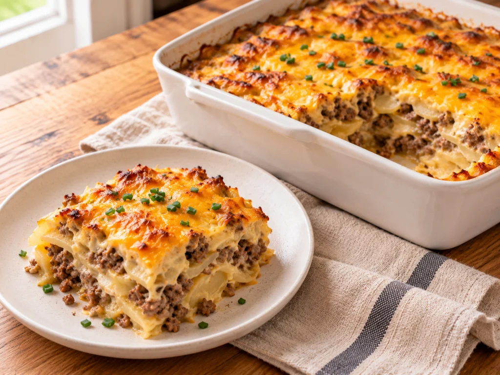 Hamburger potato casserole in a 9×13 dish with browned cheddar on top, and a square served on a plate showing the potato and beef layers.
