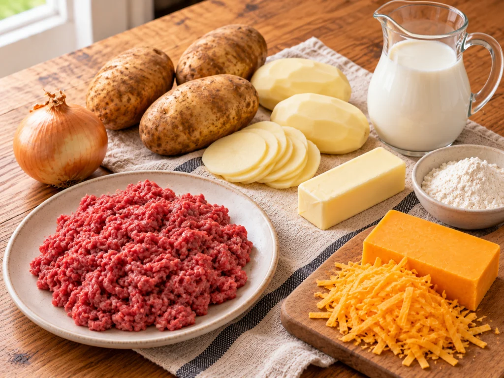 Lean ground beef, russet potatoes, an onion, milk, butter, flour and a block of sharp cheddar on a light wooden counter.