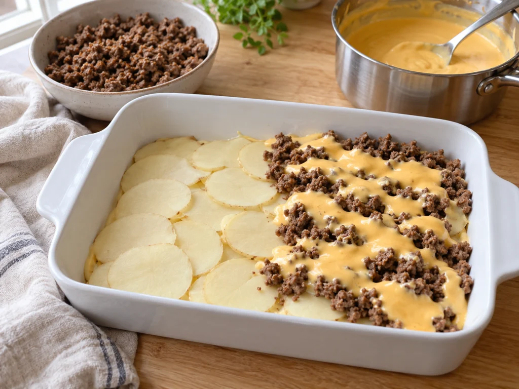 Thin potato slices layered in a 9×13 baking dish with browned ground beef and cheese sauce.