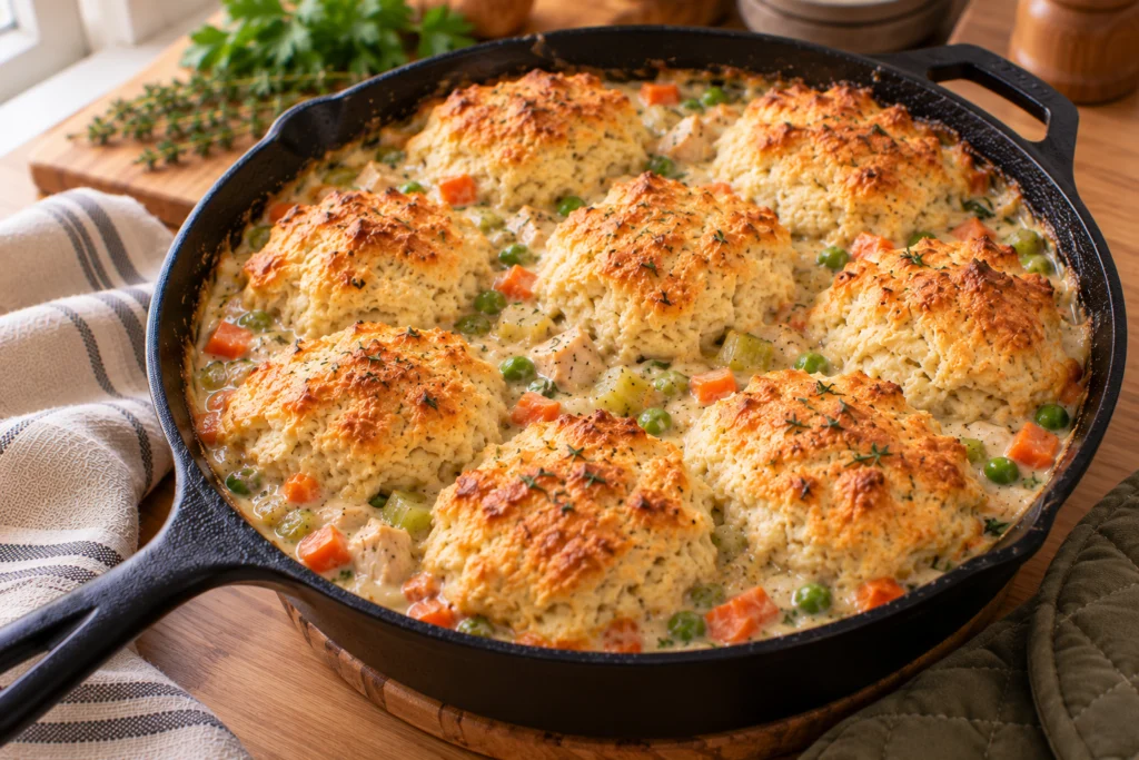 Baked healthy chicken pot pie in a cast-iron skillet with golden biscuits and bubbling filling.