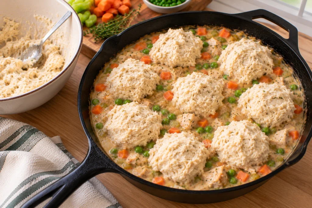 Spoonfuls of cottage cheese biscuit dough placed over the chicken pot pie filling in a skillet.