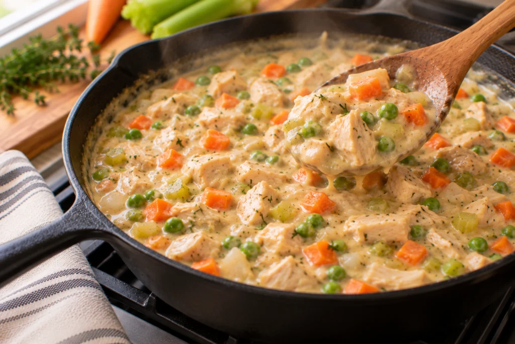 Creamy chicken pot pie filling with peas and carrots bubbling in a cast-iron skillet.