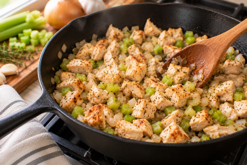 Diced chicken, onion and celery cooking in an oven-safe skillet.