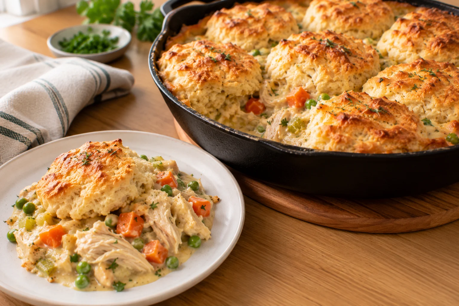Healthy chicken pot pie in a cast-iron skillet with golden cottage cheese biscuits and a creamy chicken and vegetable filling.