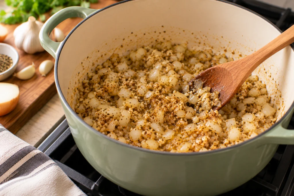 Diced onion, garlic, cumin and oregano cooking in olive oil in a Dutch oven.