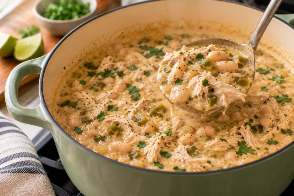 Creamy white chicken chili in a Dutch oven with shredded chicken and beans, a ladle lifting some.