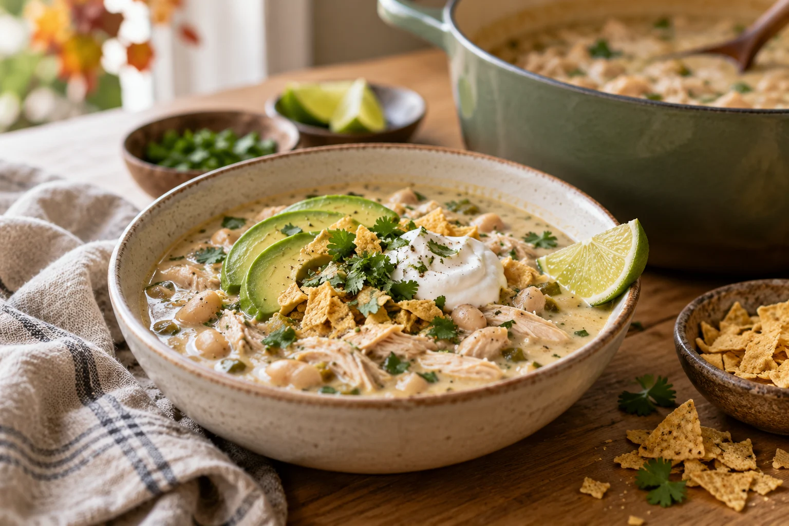 A bowl of creamy healthy white chicken chili with shredded chicken, white beans, avocado, cilantro and a lime wedge.