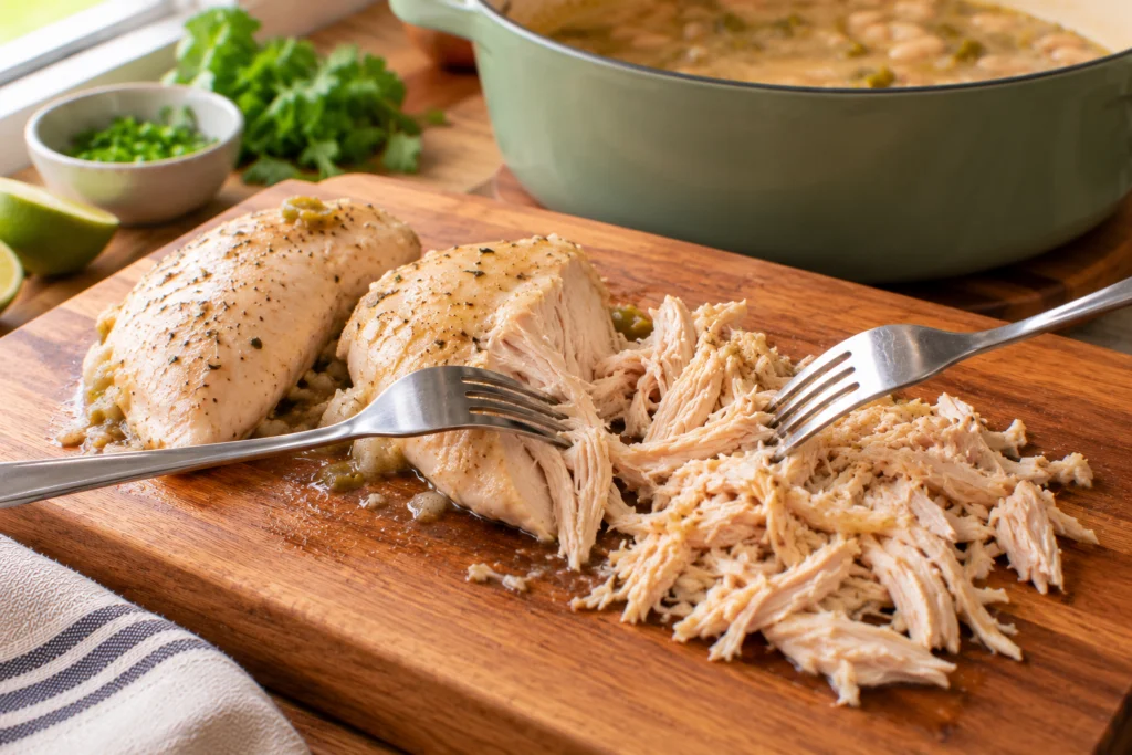 Cooked chicken breasts being shredded with two forks on a cutting board.