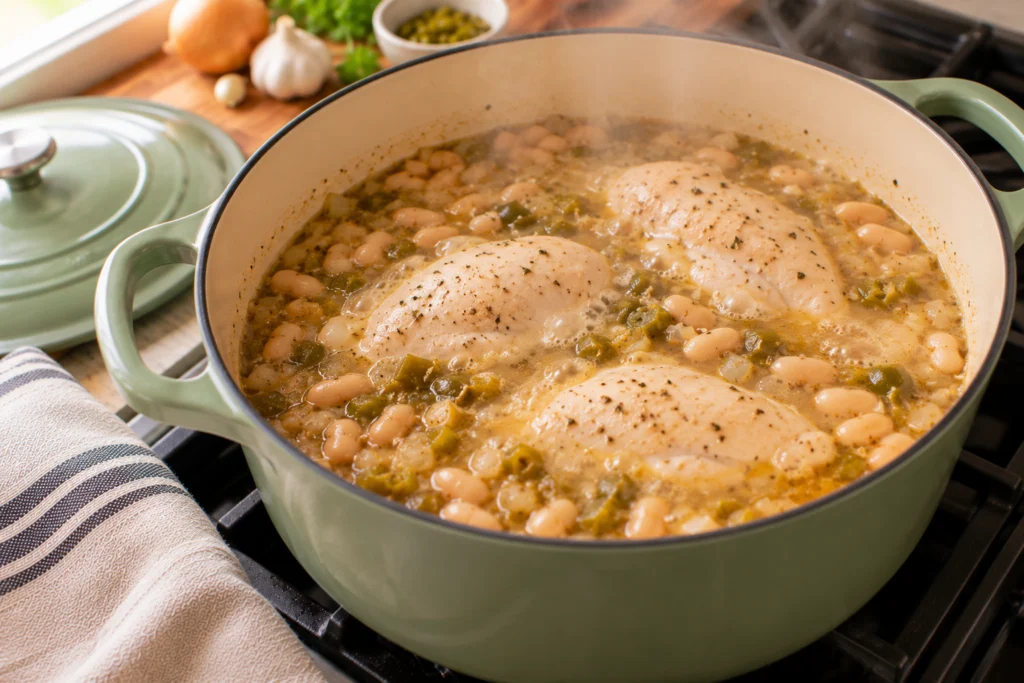 Whole chicken breasts simmering in broth with white beans and green chiles in a Dutch oven.