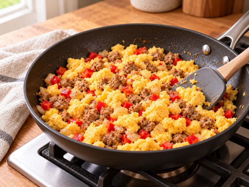 Scrambled eggs mixed with browned turkey sausage and diced red pepper in a large skillet.