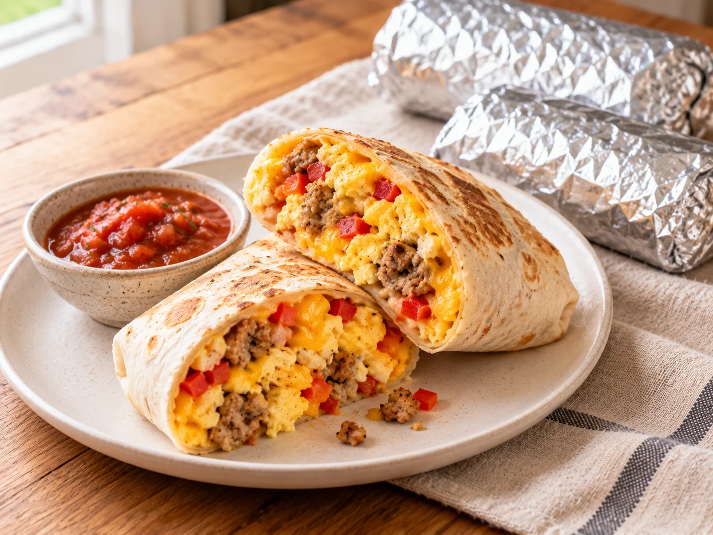 High-protein breakfast burrito cut in half to show scrambled egg, turkey sausage, red pepper and melted cheddar, with salsa.
