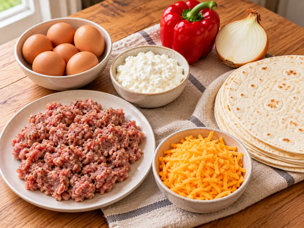 Turkey breakfast sausage, a carton of eggs, cottage cheese, a red bell pepper, an onion, shredded cheddar and large flour tortillas on a light wooden counter.