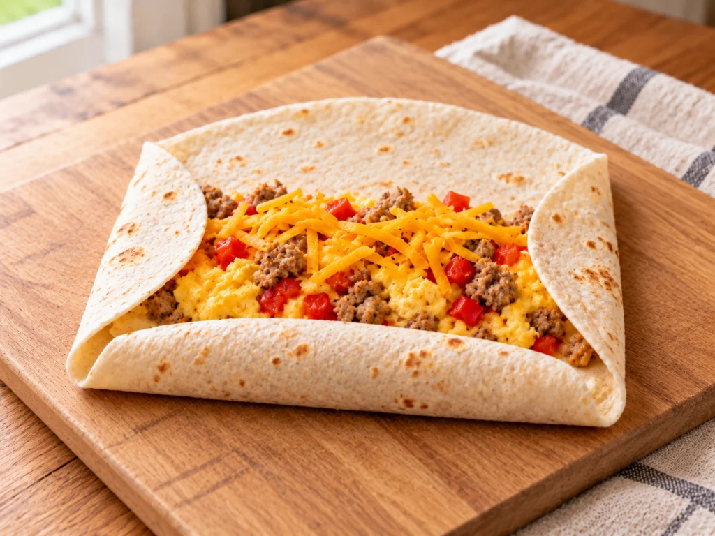 A flour tortilla with egg and sausage filling and cheddar, sides folded in, being rolled into a burrito.