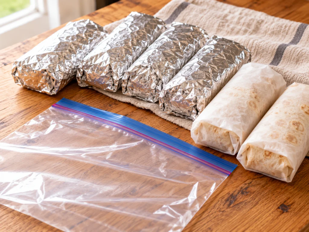 Several breakfast burritos wrapped in foil and parchment, ready for a freezer bag.