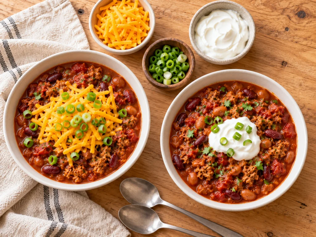 A bowl of ground turkey chili topped with shredded cheddar, Greek yogurt and green onions.