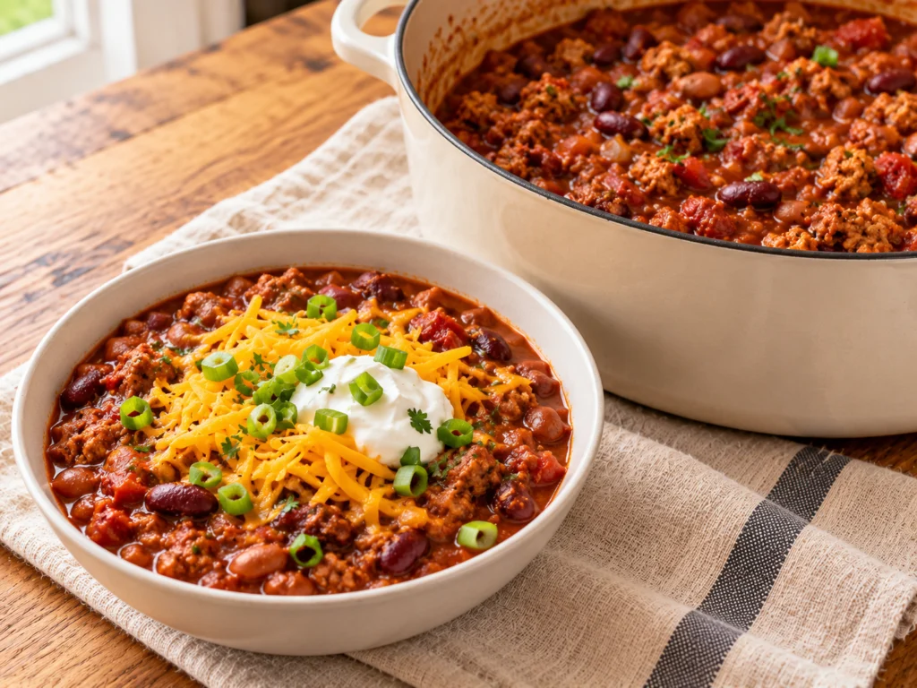 A bowl of high-protein ground turkey chili with kidney and pinto beans, topped with cheddar, Greek yogurt and green onions.