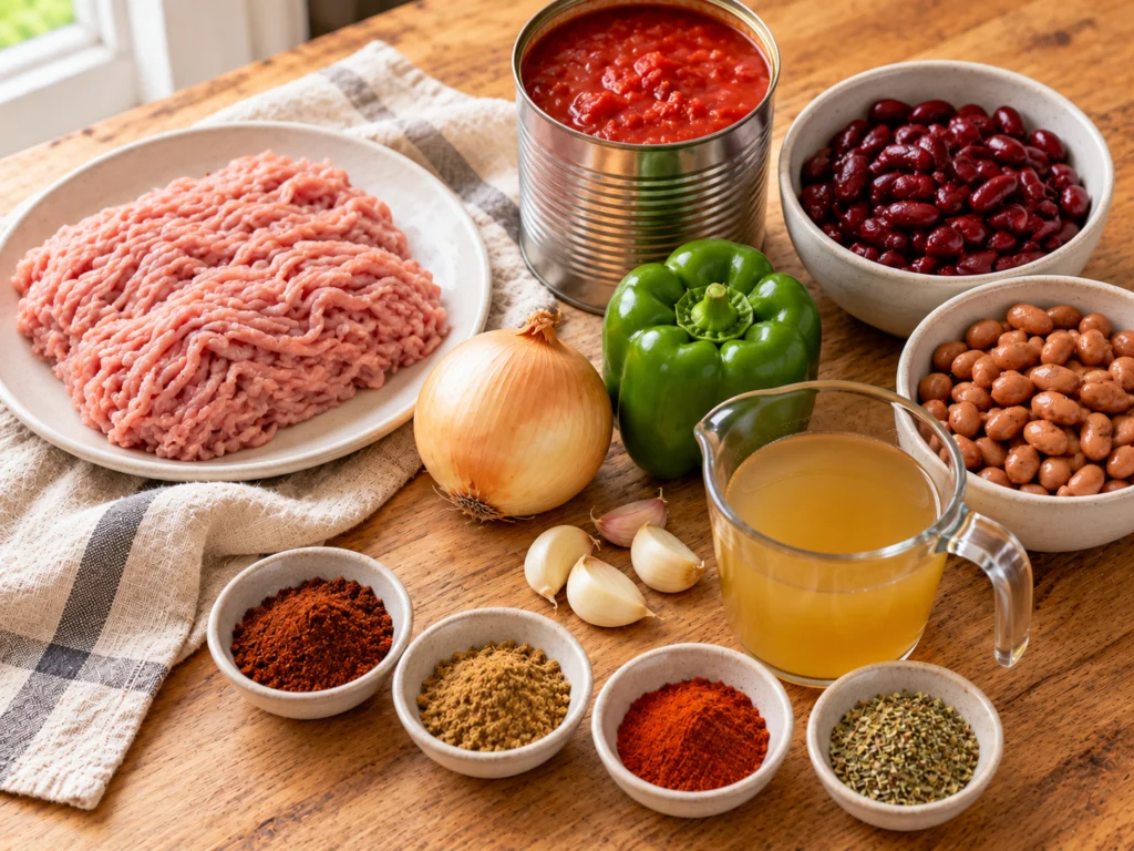Lean ground turkey, canned kidney and pinto beans, crushed tomatoes, an onion, a green bell pepper, garlic and small bowls of chili powder and cumin on a light wooden counter.