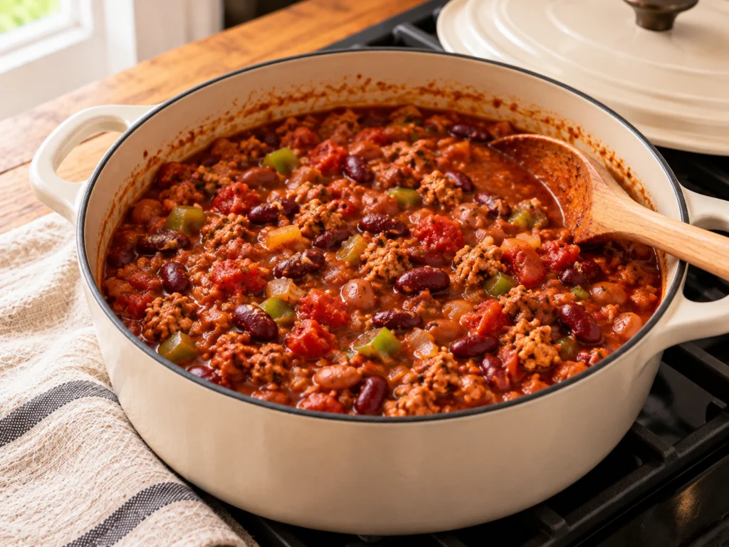 Turkey chili with beans and crushed tomatoes simmering in a Dutch oven.