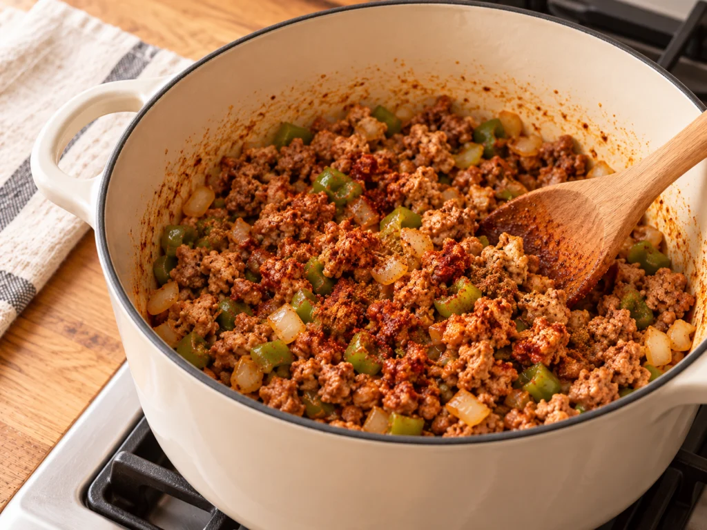 Browned ground turkey with onion, green pepper and chili spices in a Dutch oven.