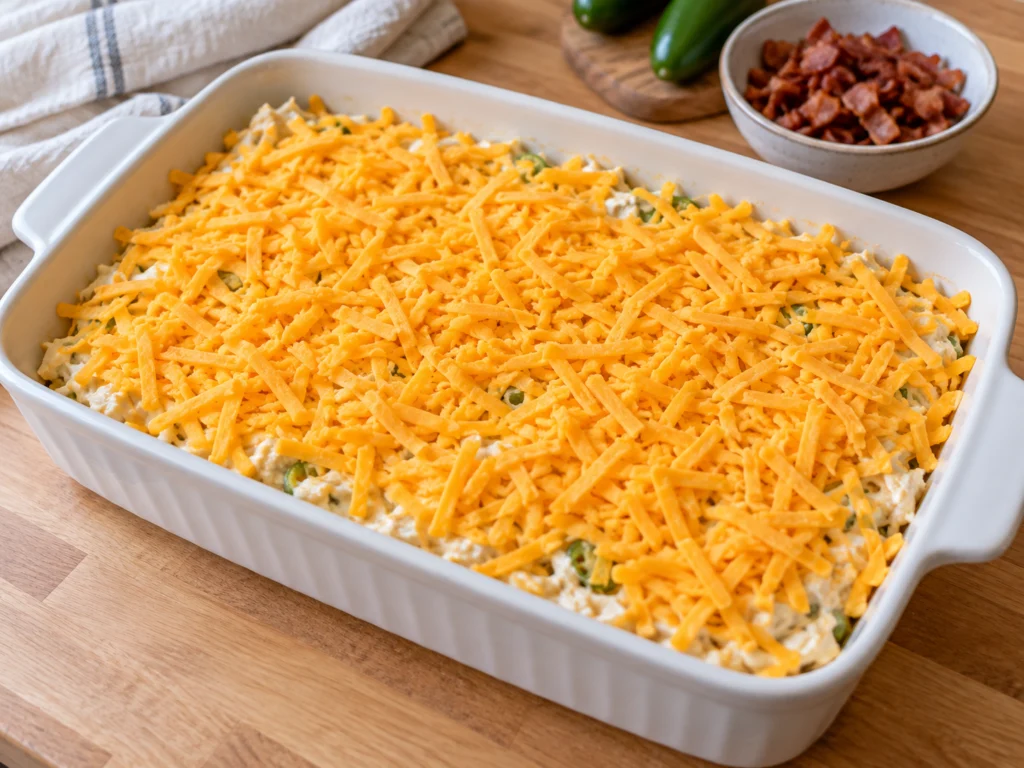 Unbaked jalapeño popper chicken casserole topped with shredded cheddar in a 9×13 dish.