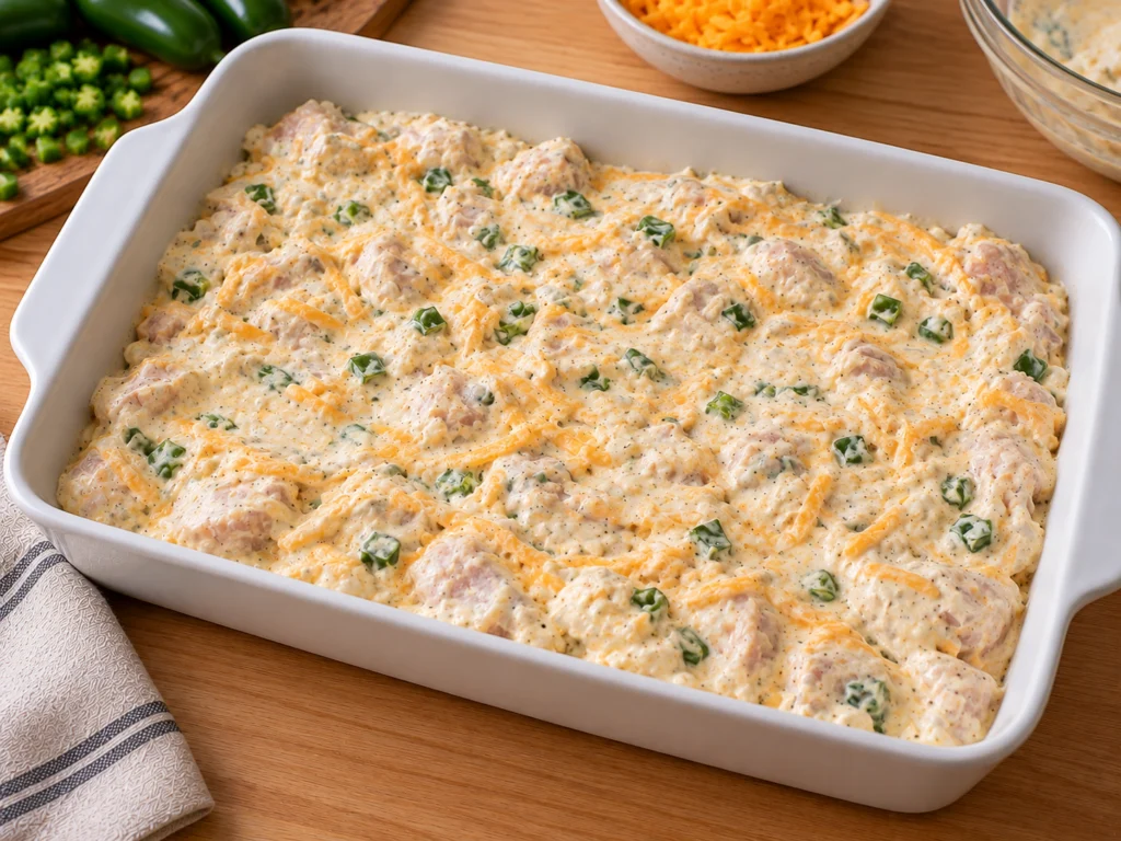 Seasoned chicken pieces in a 9×13 dish covered with the creamy jalapeño sauce.
