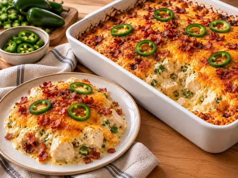 Jalapeño popper chicken casserole topped with melted cheddar, crumbled bacon and jalapeño slices, with a serving on a plate.