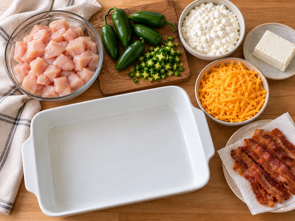 Raw chicken pieces, fresh jalapeños, cottage cheese, light cream cheese, shredded cheddar and cooked bacon on a counter.