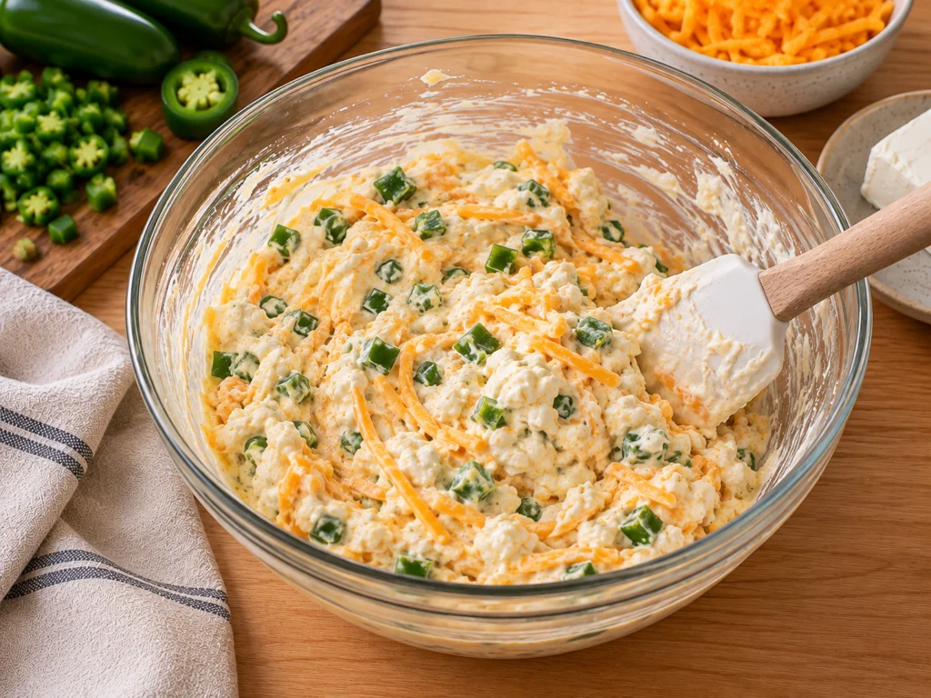 Creamy white sauce with diced green jalapeños and shredded cheddar in a mixing bowl.