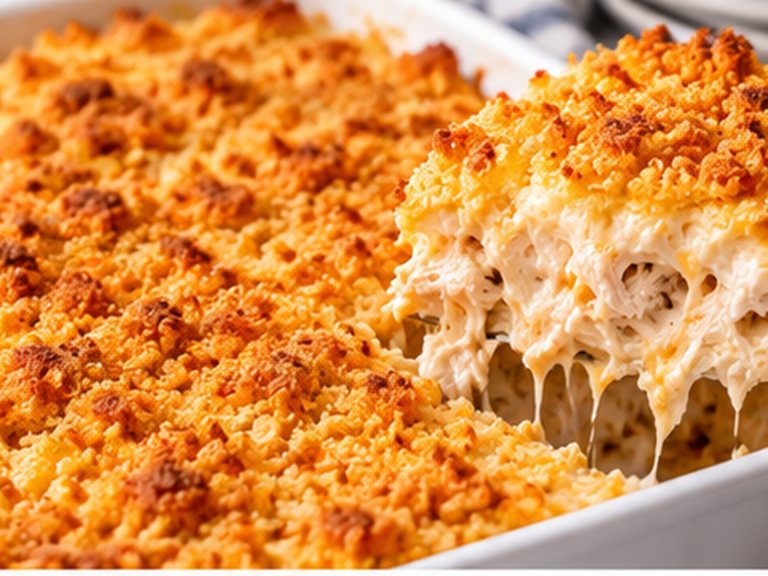 Golden cracker-topped chicken casserole with a lifted portion showing the creamy shredded-chicken filling.