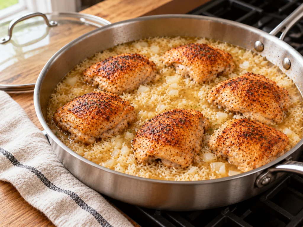 Seared chicken thighs nestled on top of uncooked rice and broth in a skillet before covering.