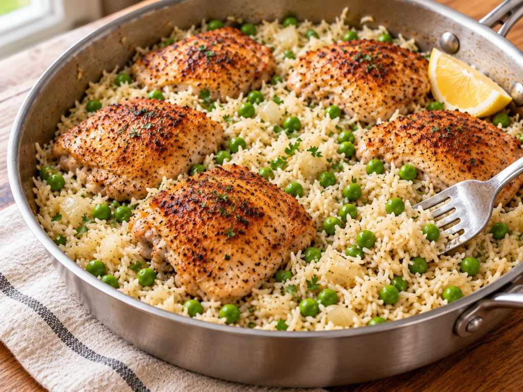 Cooked chicken thighs over fluffy rice with green peas in a skillet, with a lemon wedge.