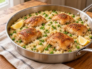 One pan chicken and rice in a deep skillet with browned chicken thighs, fluffy rice, green peas and lemon wedges.